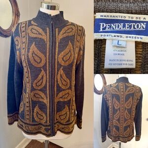 Pendleton Gray Paisley Cardigan sweater Size L Wool Blend Full Zip Vintage